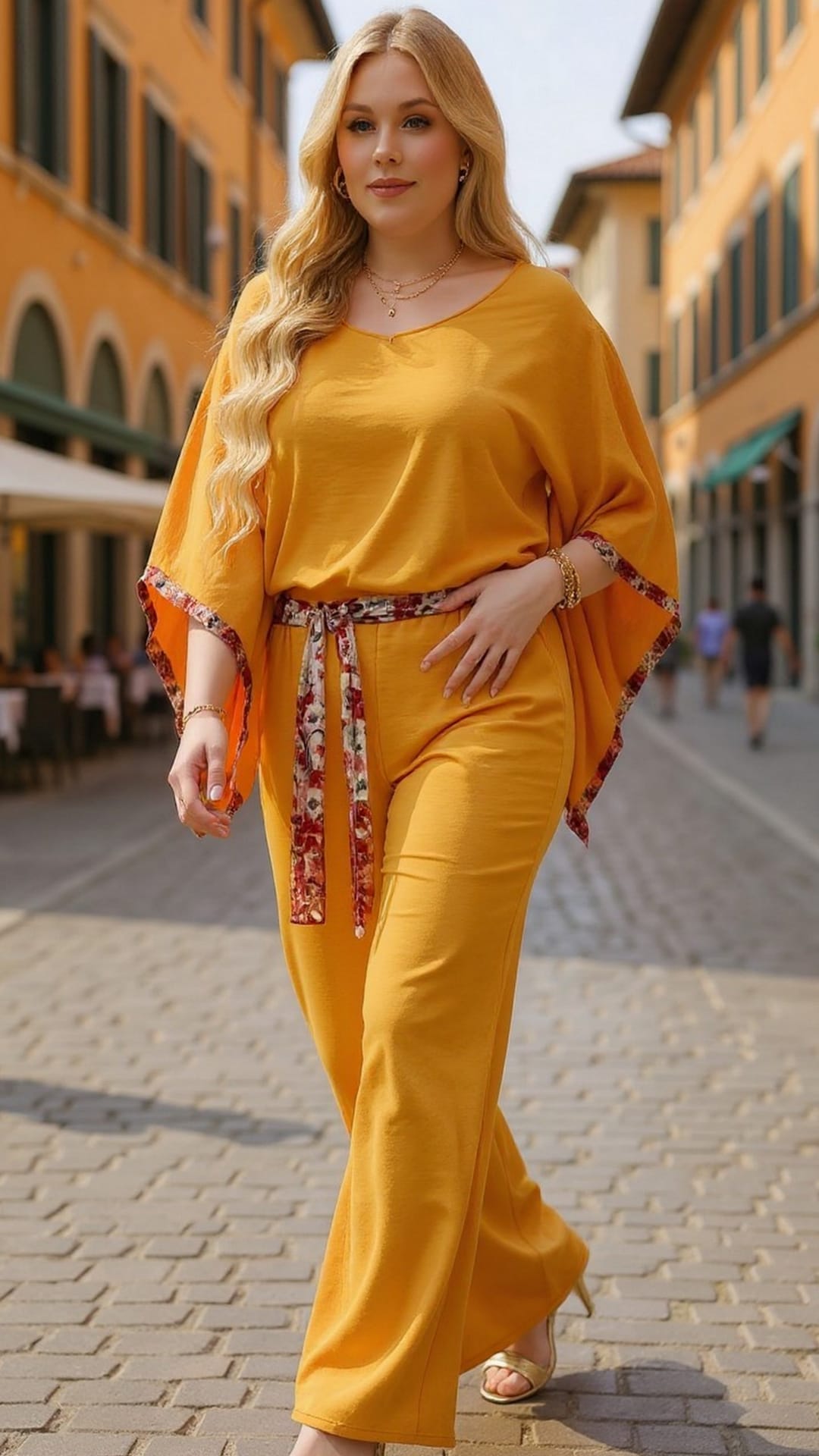 Πορτοκαλί plus size ολόσωμη φόρμα με ανοιχτό ντεκολτέ & ζώνη